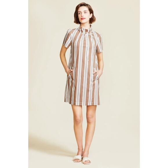 Pearl by Lela Rose Striped Poplin A-Line Dress Short Sleeve Camel White M - Picture 1 of 6